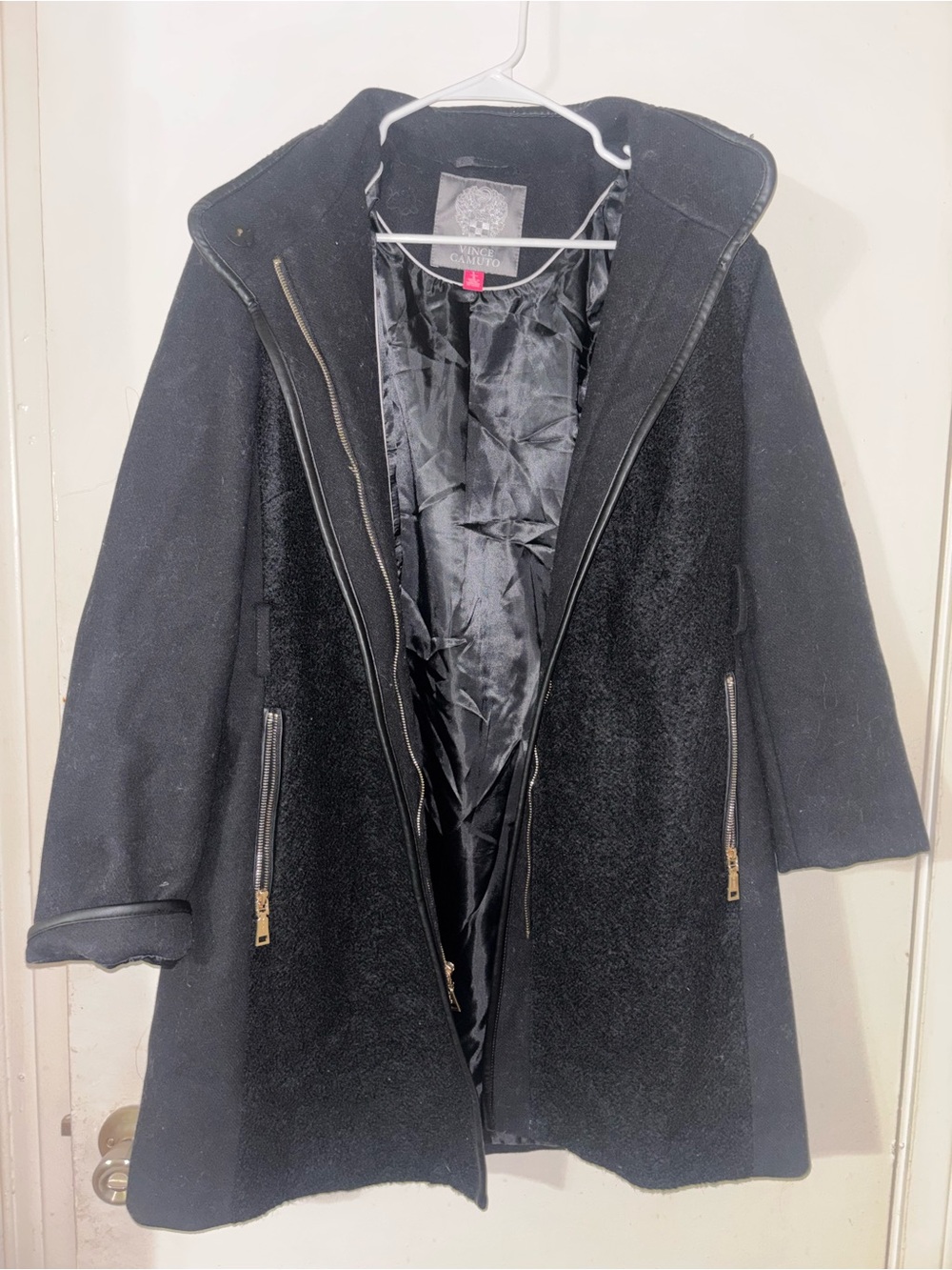 Vince Camuto Black Hooded Pea Coat with Gold Zippers